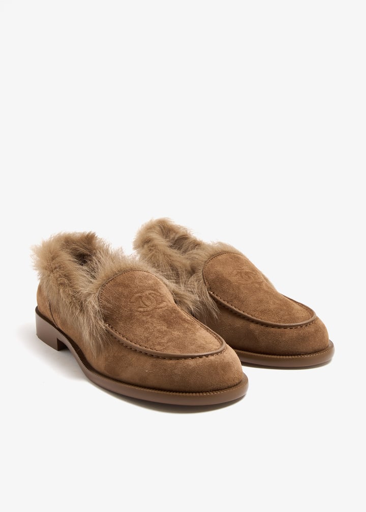 Chanel cc embossed fur trimmed suede moccasins