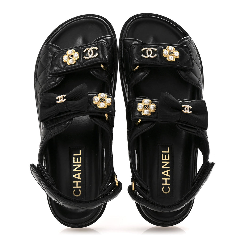 Chanel lambskin Velcro CC Pearl bow dad sandals