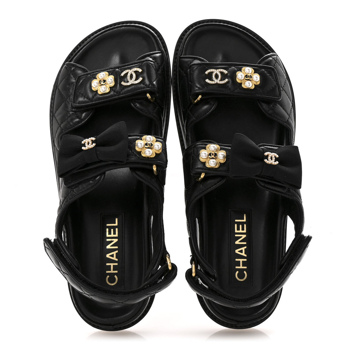 Chanel lambskin Velcro CC Pearl bow dad sandals