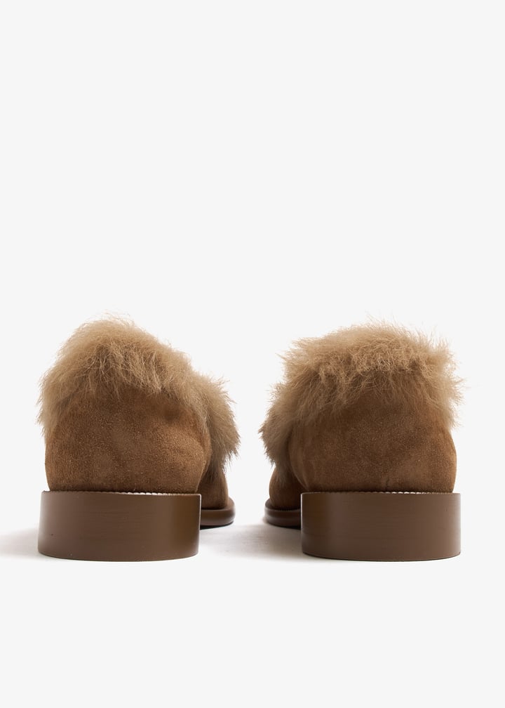 Chanel cc embossed fur trimmed suede moccasins