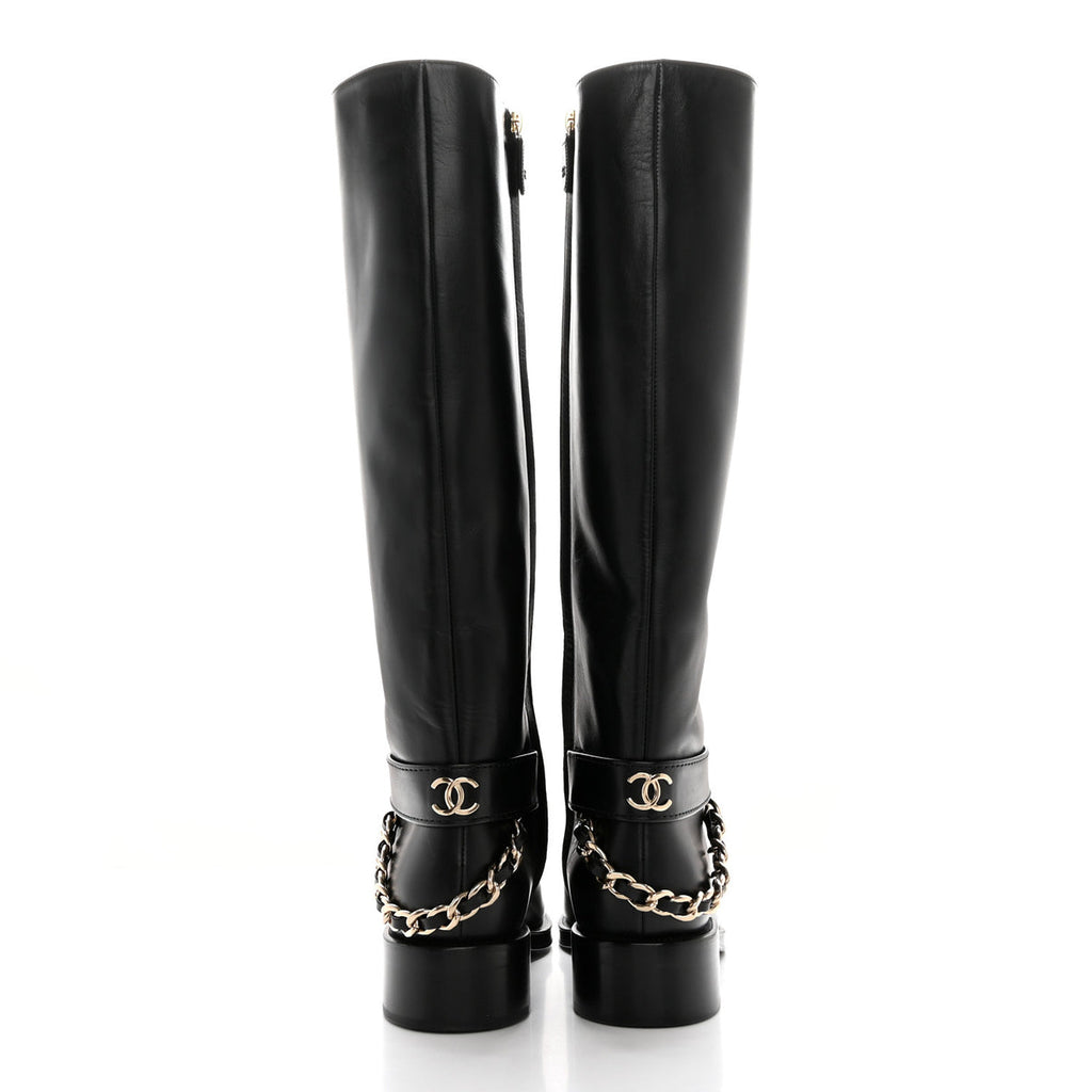 Chanel interlocking cc logo chain link knee high boots