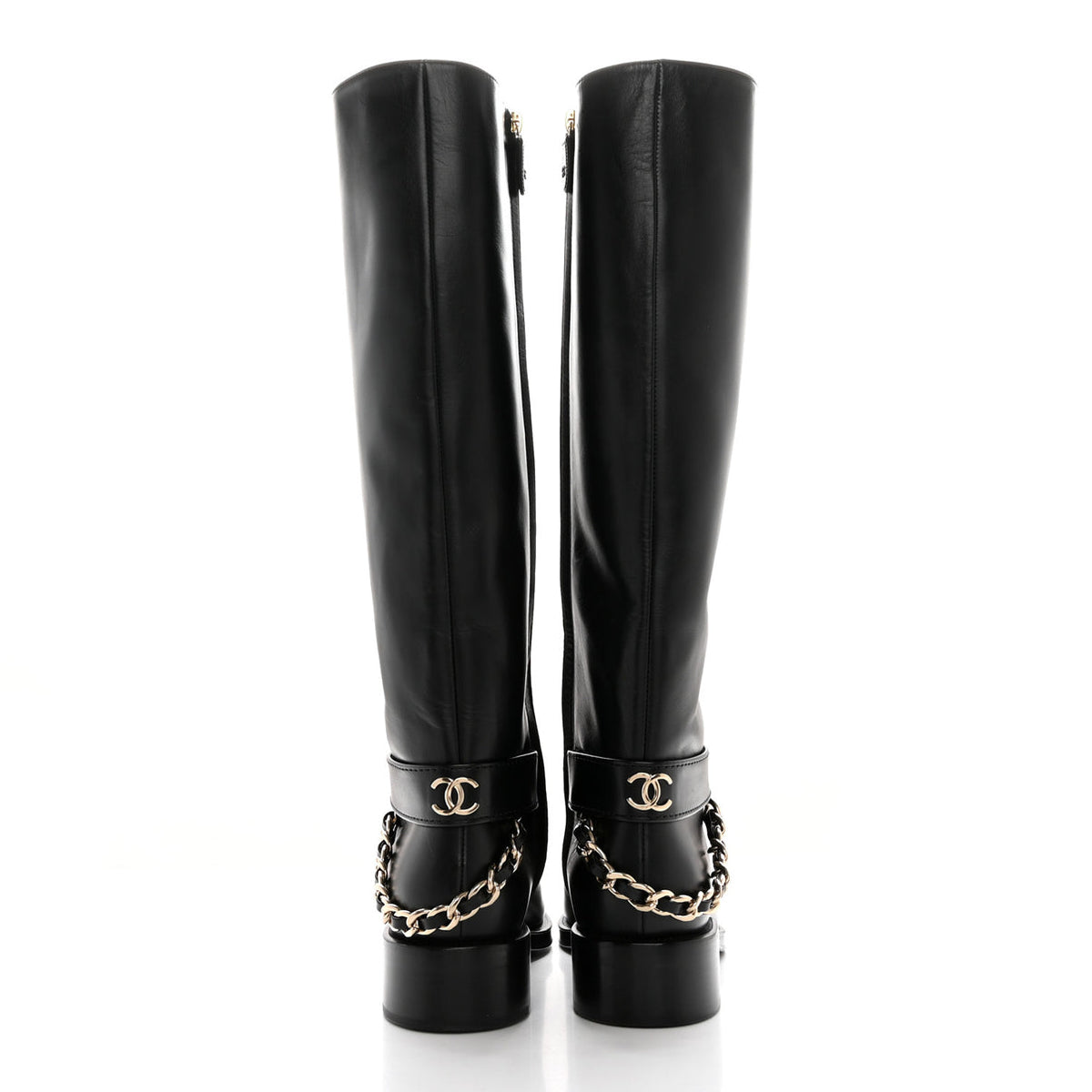 Chanel interlocking cc logo chain link knee high boots