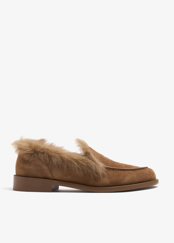 Chanel cc embossed fur trimmed suede moccasins