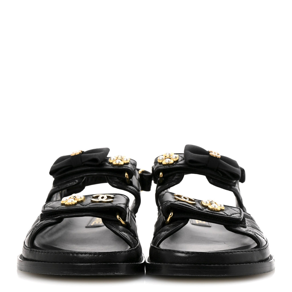 Chanel lambskin Velcro CC Pearl bow dad sandals