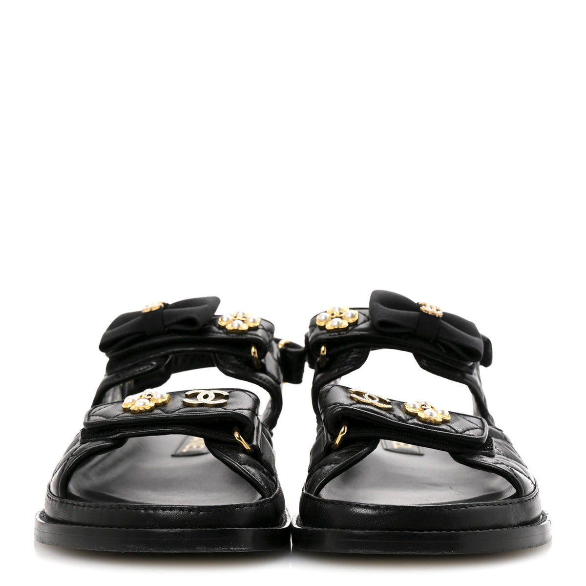 Chanel lambskin Velcro CC Pearl bow dad sandals