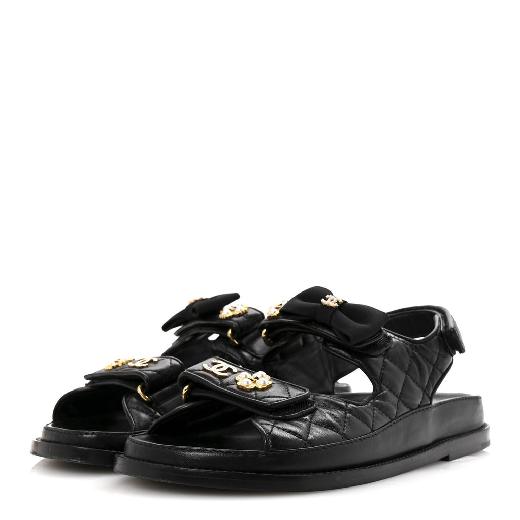 Chanel lambskin Velcro CC Pearl bow dad sandals