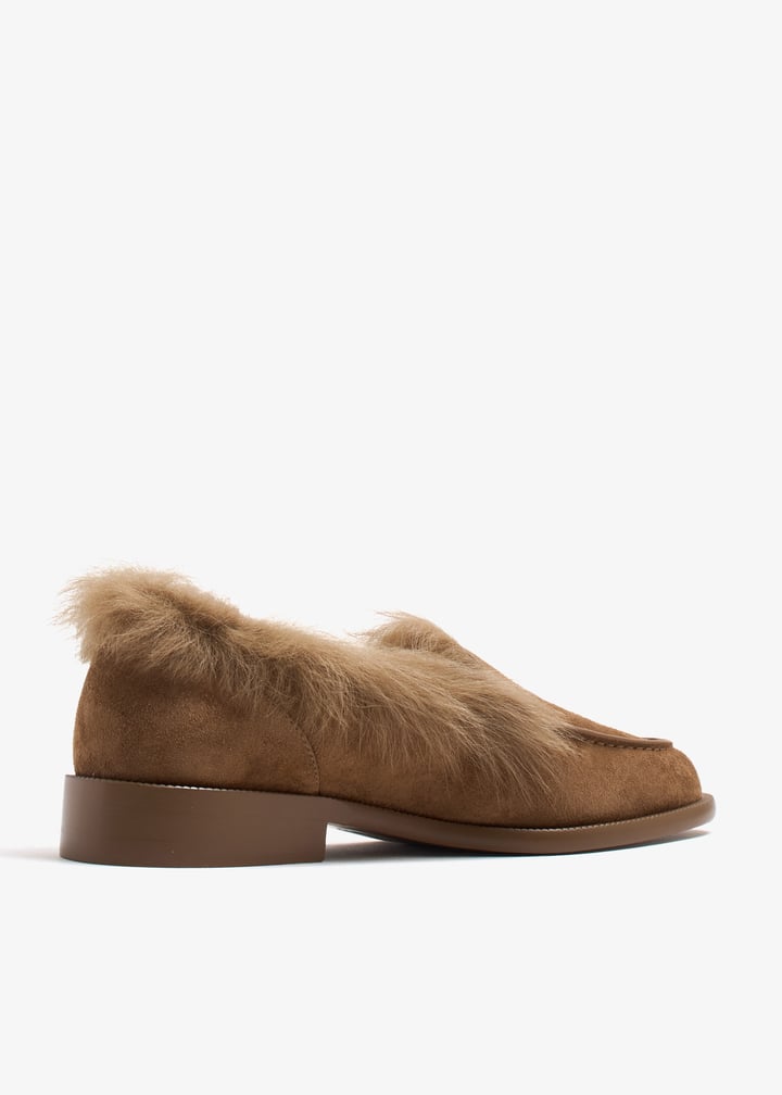 Chanel cc embossed fur trimmed suede moccasins