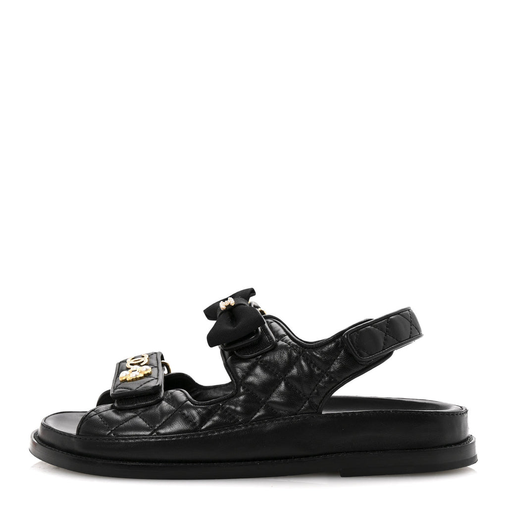 Chanel lambskin Velcro CC Pearl bow dad sandals