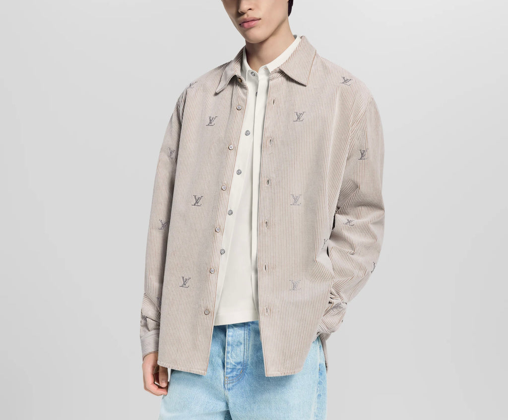 Louis Vuitton LV blason embellished long sleeved corduroy shirt