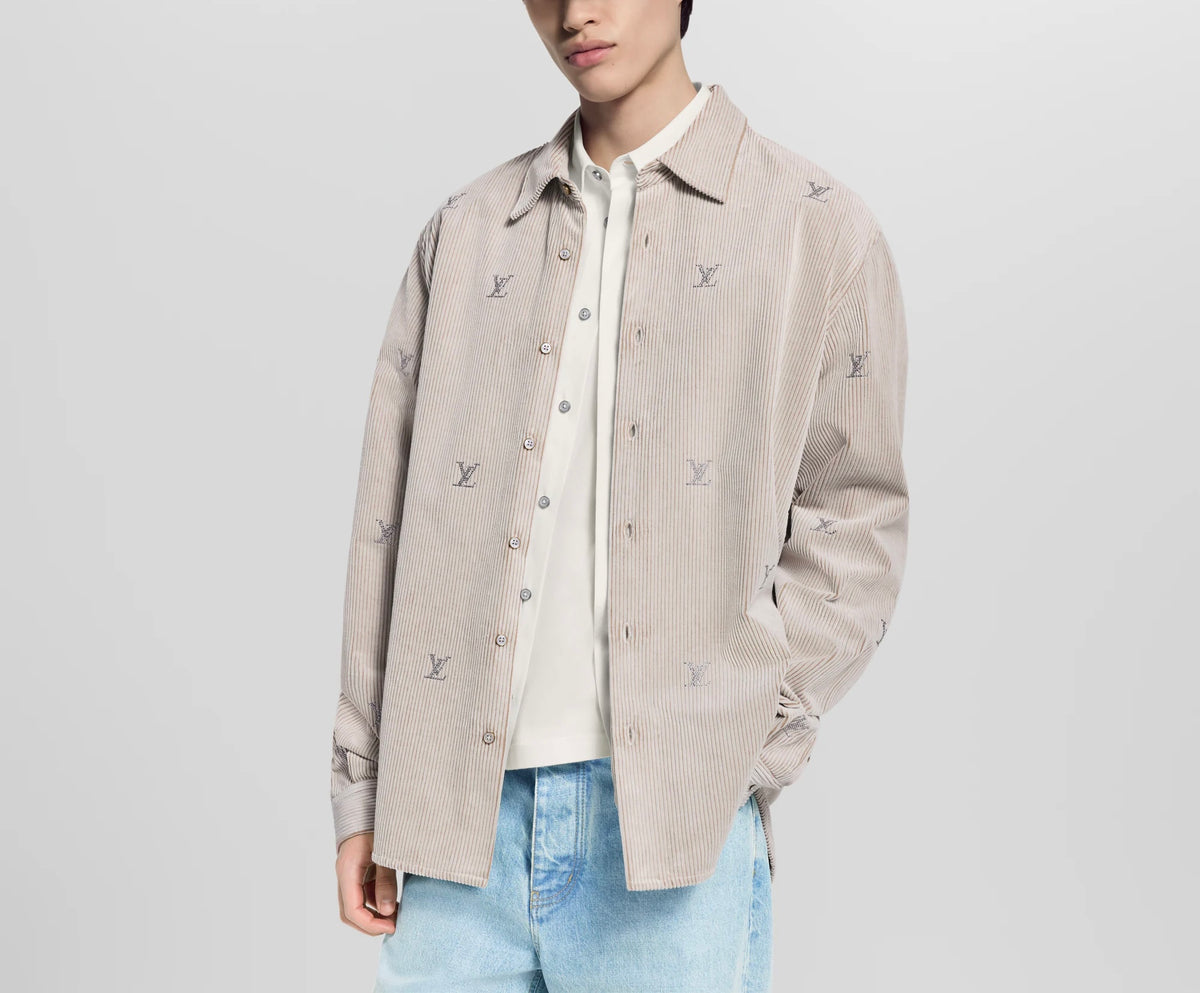 Louis Vuitton LV blason embellished long sleeved corduroy shirt