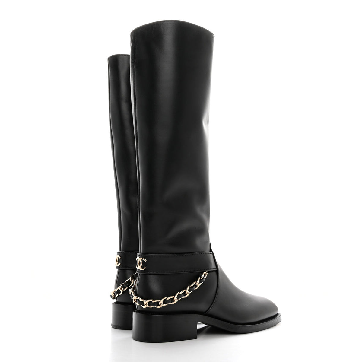 Chanel interlocking cc logo chain link knee high boots