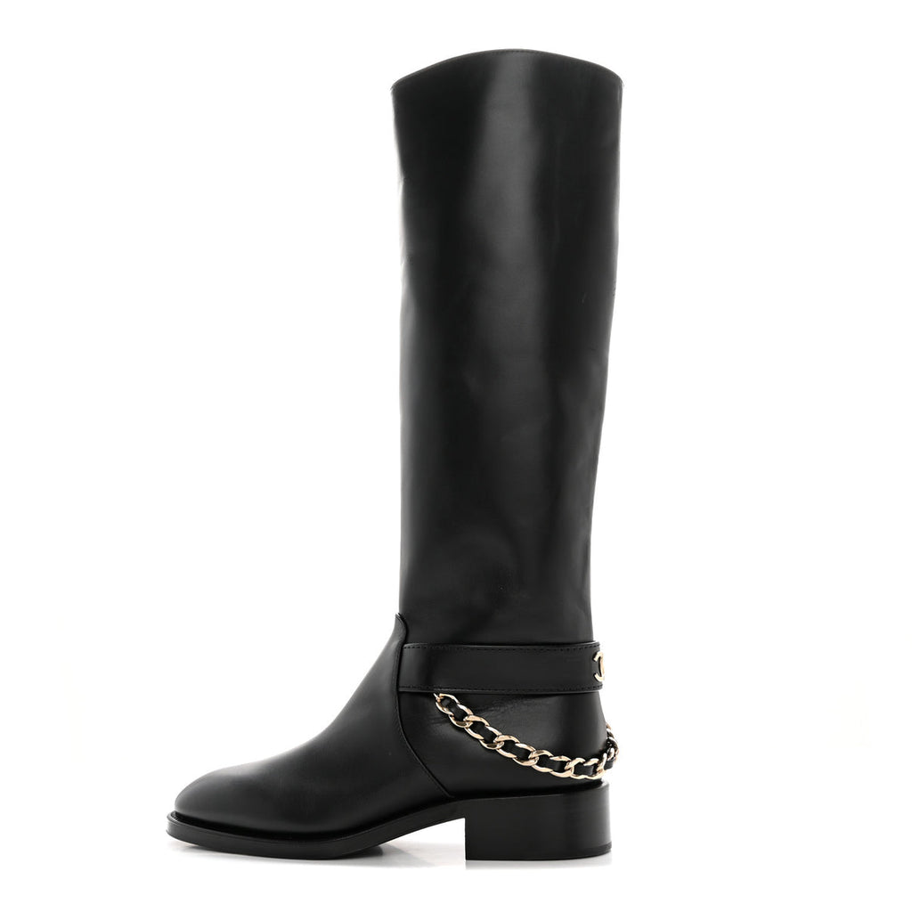Chanel interlocking cc logo chain link knee high boots