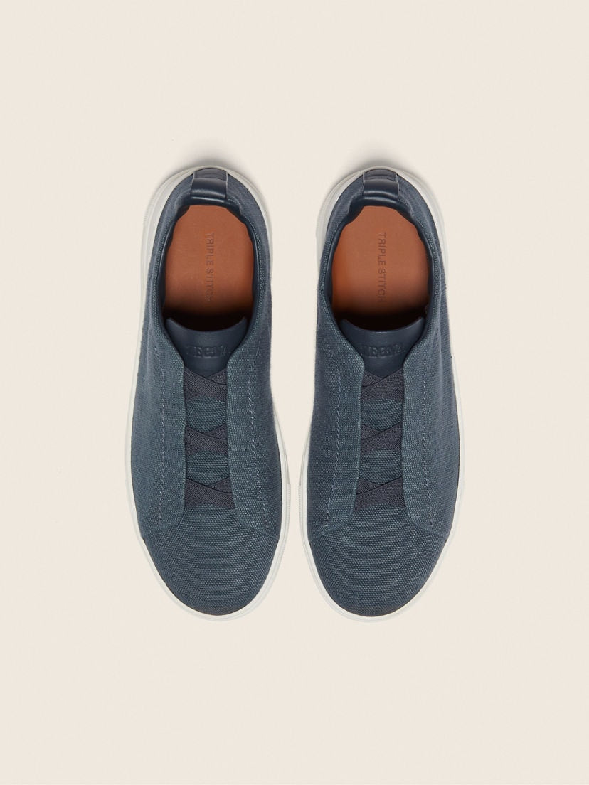 Zegna cotton linen and leather triple stitch sneakers