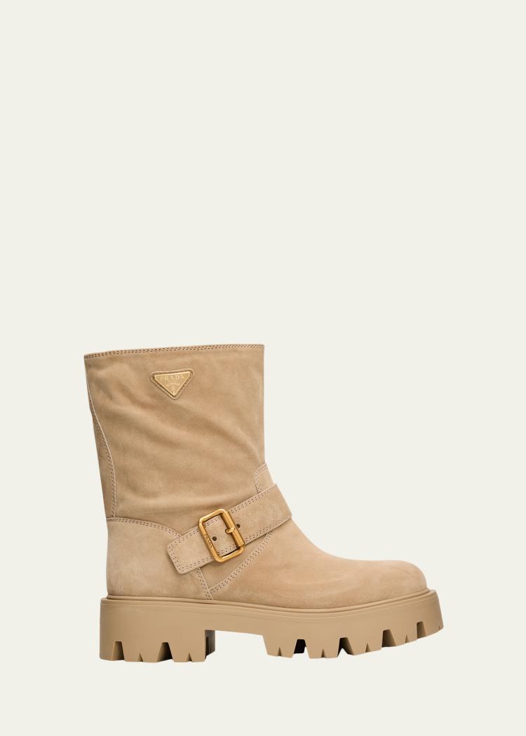 Prada triangle logo suede biker boots