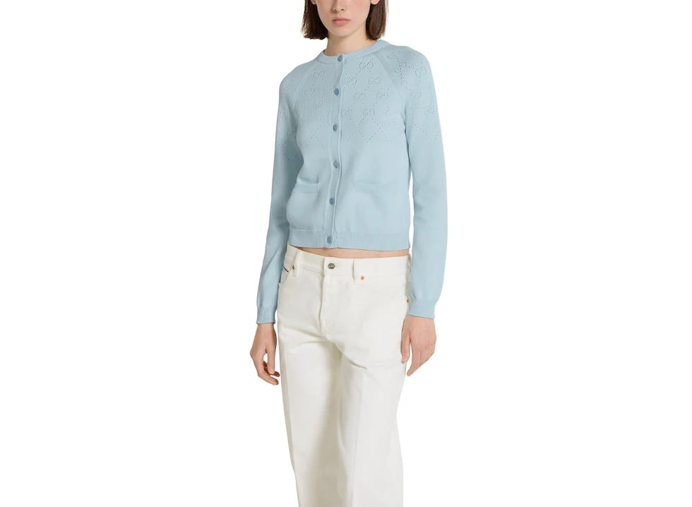 Gucci 836379 XKE02,Gucci GG cotton cardigan,Gucci GG logo blue cardigan,Gucci blue cardigan,Gucci blue GG monogram cardigan,G