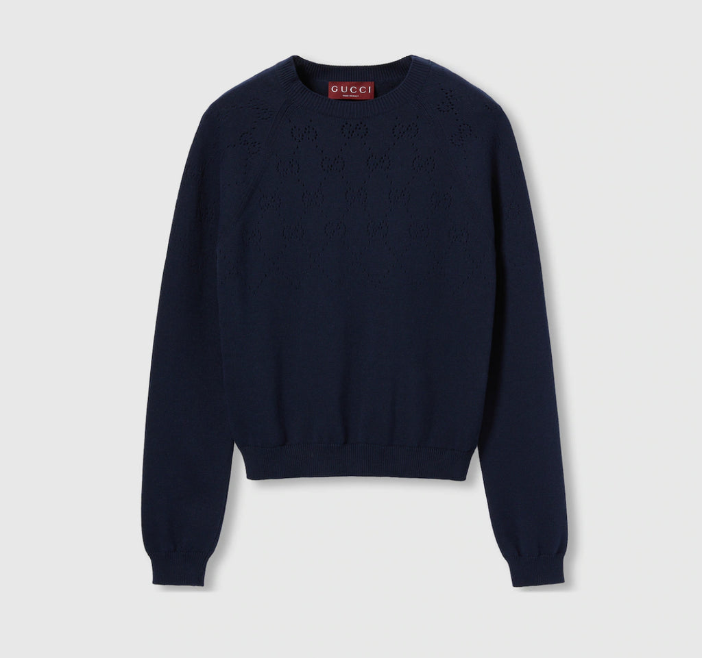 Gucci 820702 XKEO6,Gucci cotton crew neck top with GG diamond pattern,Gucci GG argyle sweater,Gucci Navy womens sweater,Gucci