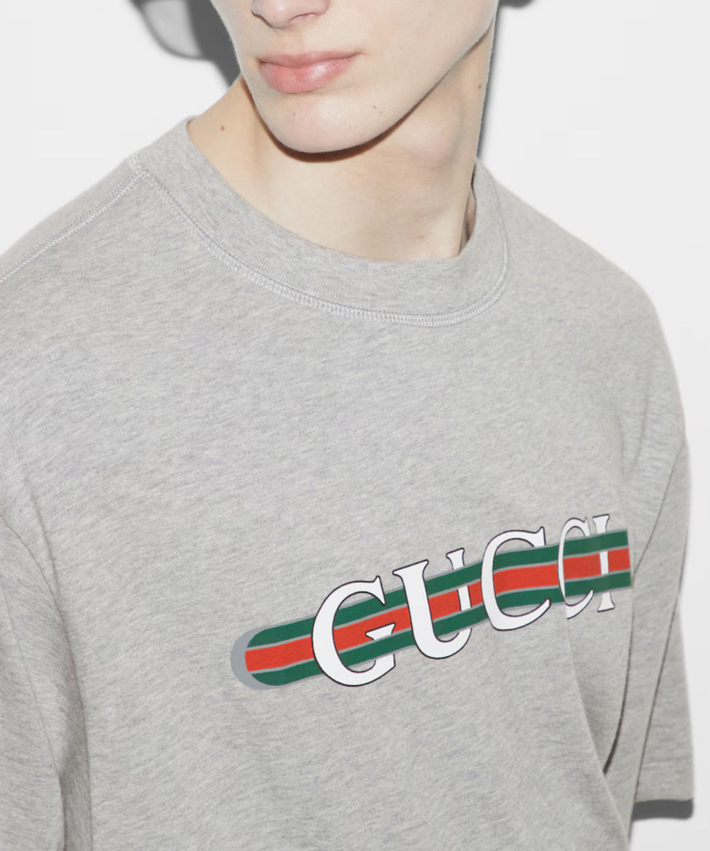 Gucci 784361 XJGTE,Gucci cotton jersey T-shirt with print,Gucci web print t-shirt,Gucci black t-shirt,Gucci grey t-shirt,Gucc