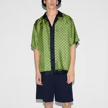 Gucci 794907ZASG3,Gucci GG printed silk shirt,Gucci green silk shirt,Gucci green monogram shirt,Gucci green monogram short sl