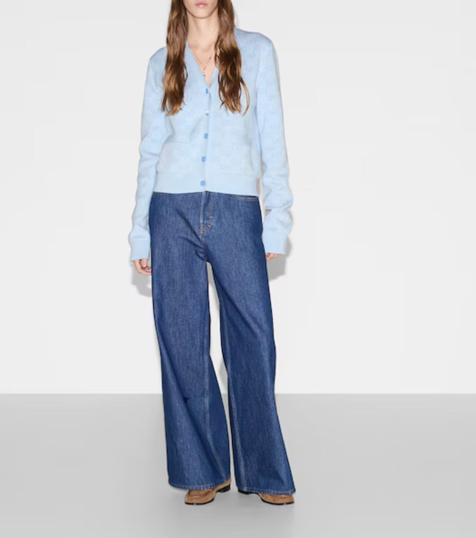 Gucci 818735 XKEOH,Gucci GG jacquard cardigan,Gucci GG monogram cardigan,Gucci GG monogram blue cardigan,Gucci blue monogram