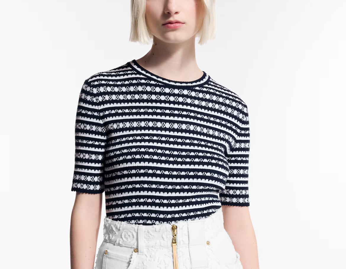 Louis Vuitton 1AHJ15,LV 1AHJ15,Louis Vuitton scallop stripe knit top,Louis Vuitton blue stripe knit top,Louis Vuitton stripe