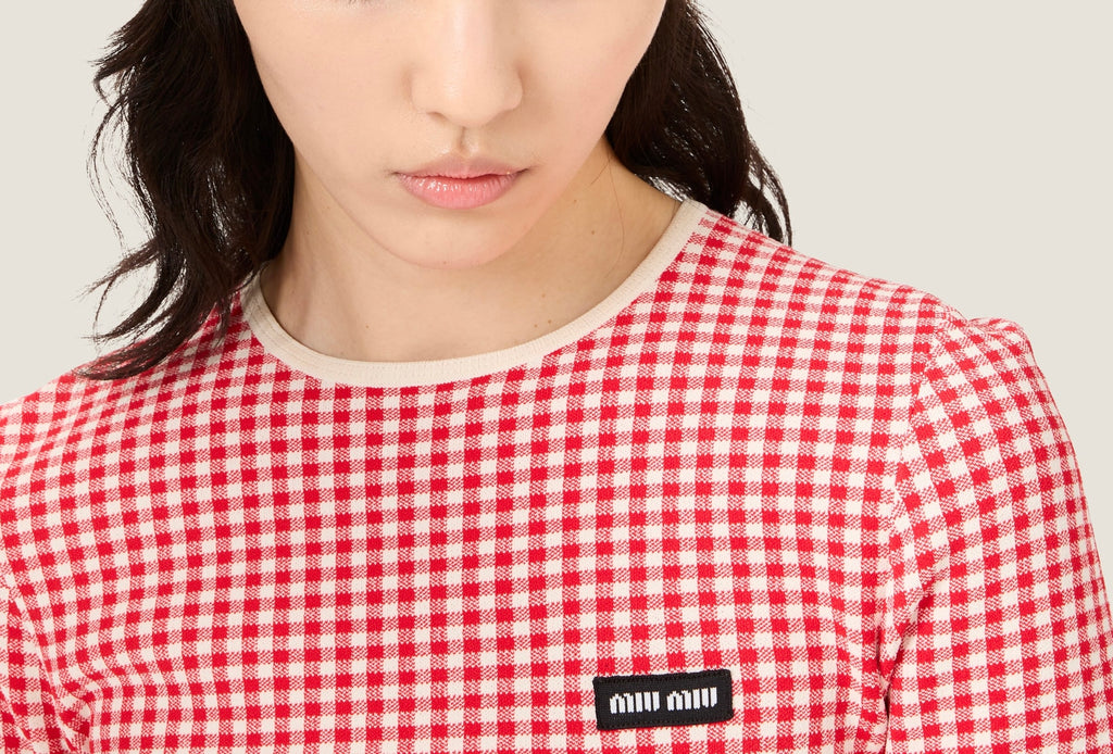 MIU MIU MMLB29,Miu Miu Viscose sweater,Miu Miu short sleeve sweater,Miu Miu short sleeve sweater red,Miu Miu short sleeve swe