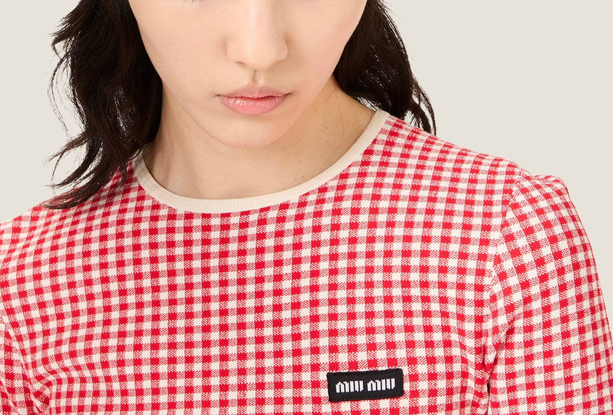 MIU MIU MMLB29,Miu Miu Viscose sweater,Miu Miu short sleeve sweater,Miu Miu short sleeve sweater red,Miu Miu short sleeve swe