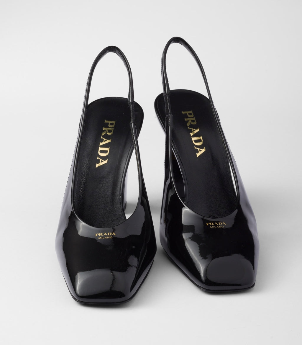 Prada 1I838N,Prada patent leather slingback pumps,Prada slingback pumps,Prada black pumps,Prada chunky heels,Prada black chun