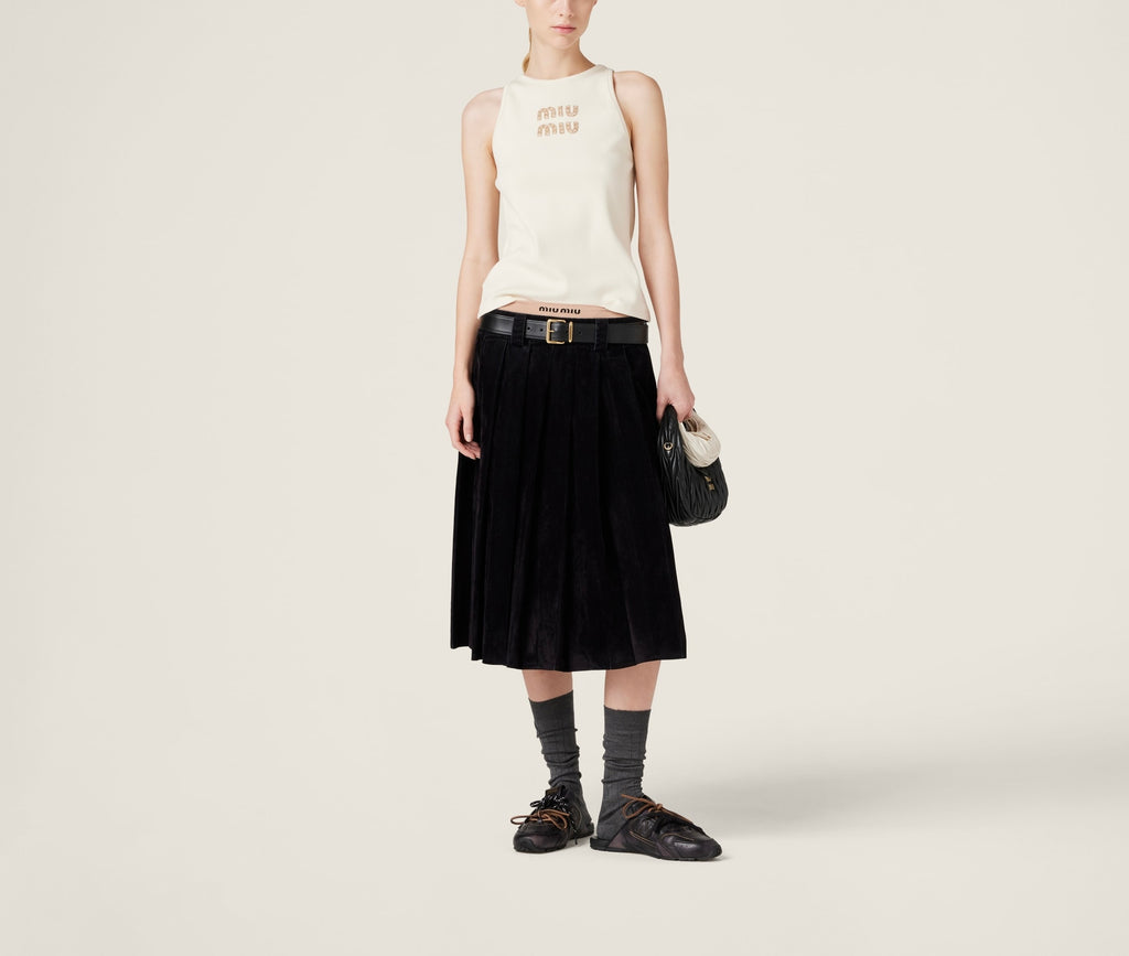 MIU MIU MJT678SOOO1584,Miu Miu embroidered logo top,Miu Miu embroidered logo vest,MIU MIU beige sleeveless,MIU MIU Rhinestone