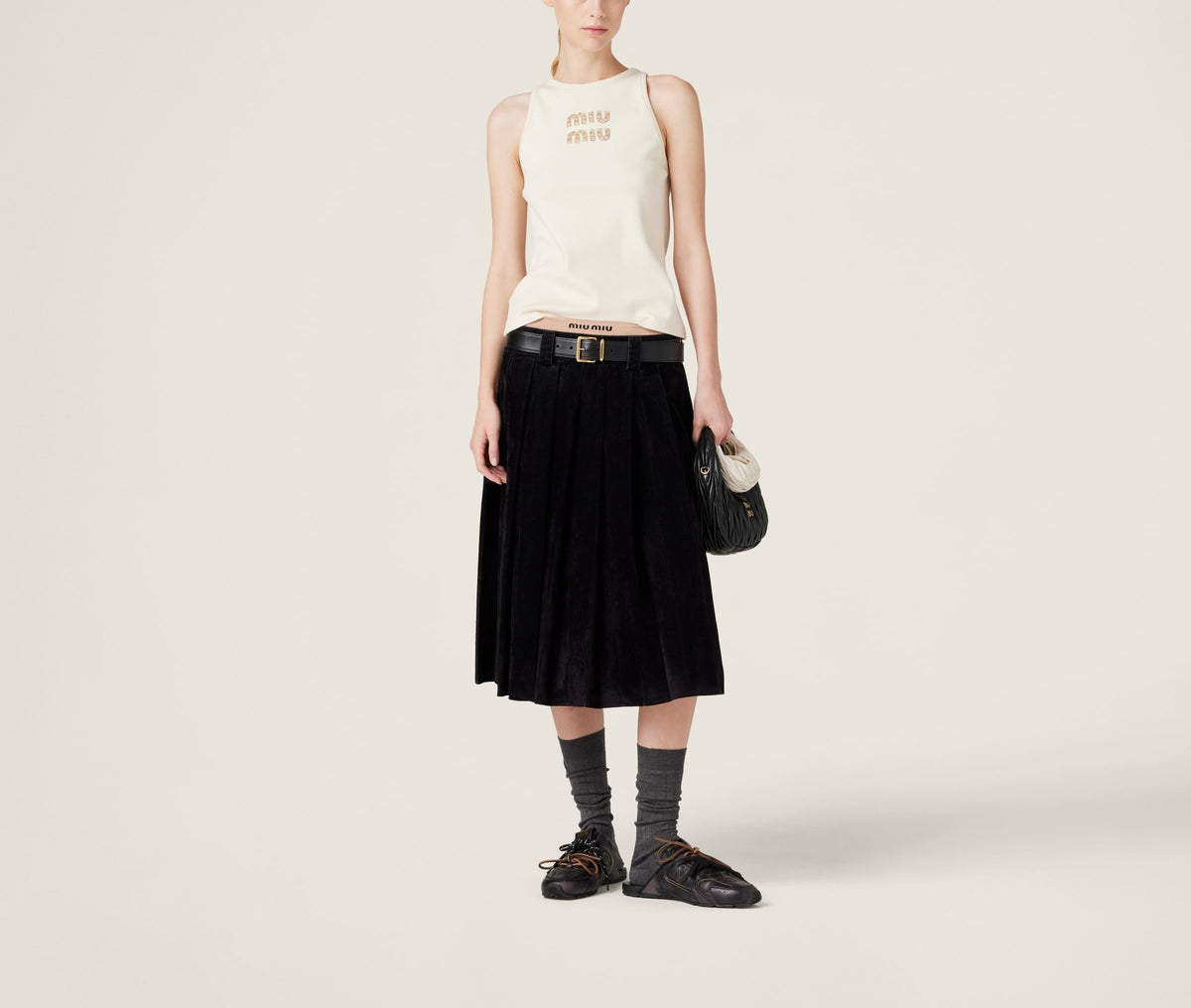 MIU MIU MJT678SOOO1584,Miu Miu embroidered logo top,Miu Miu embroidered logo vest,MIU MIU beige sleeveless,MIU MIU Rhinestone
