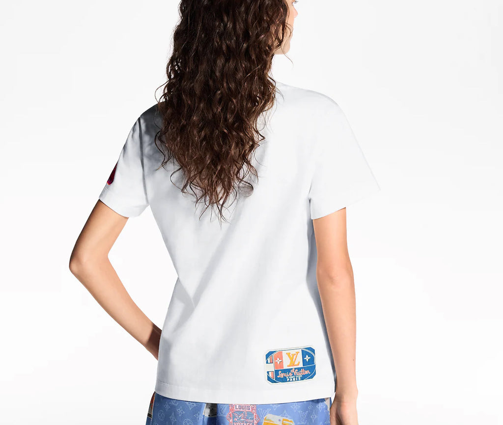 Louis Vuitton 1AHISK, LV 1AHISK, Louis Vuitton patch print T-shirt, LV patch print T-shirt,LV white t-shirt, LV patch tee, LV