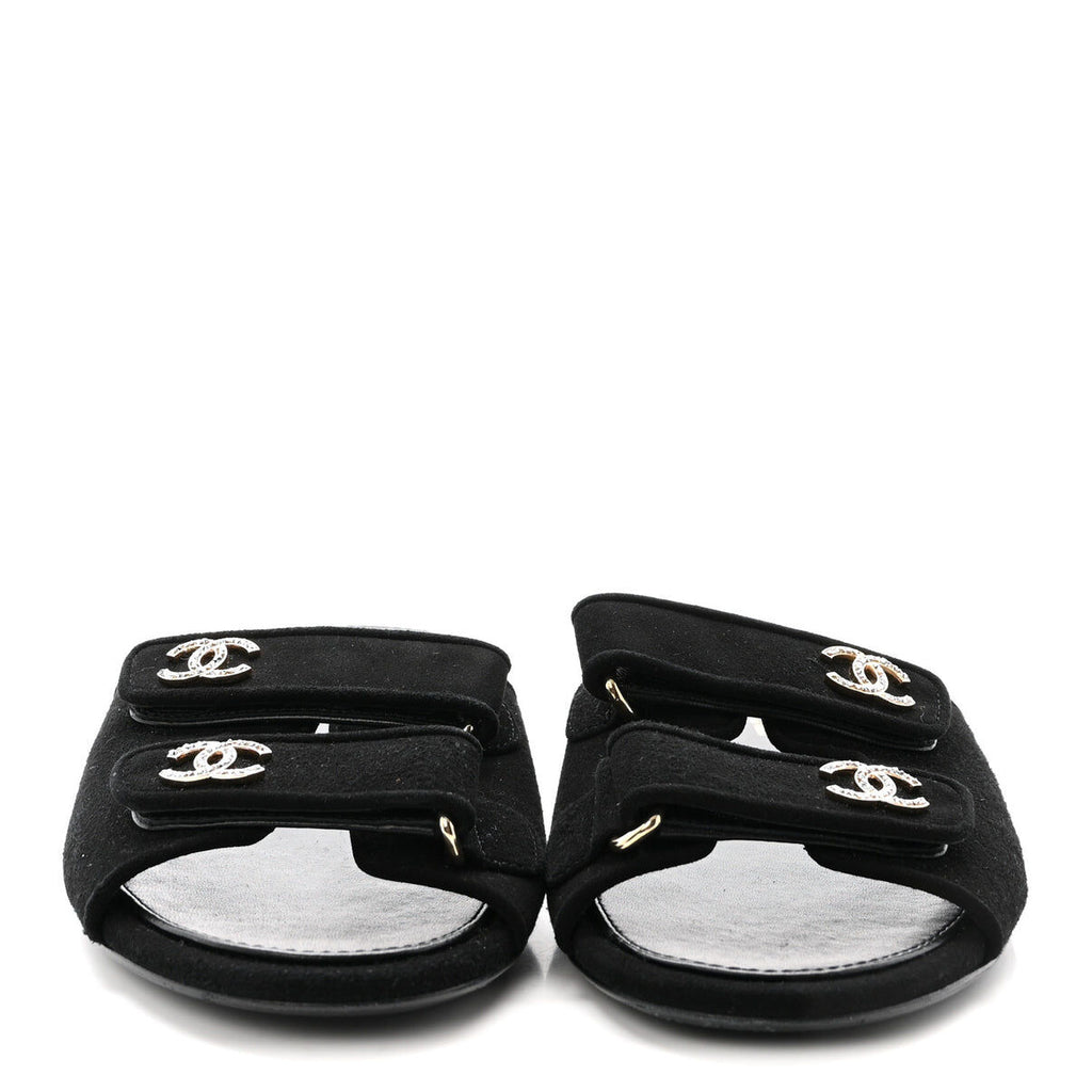 Chanel suede kidskin velcro crystal CC mules