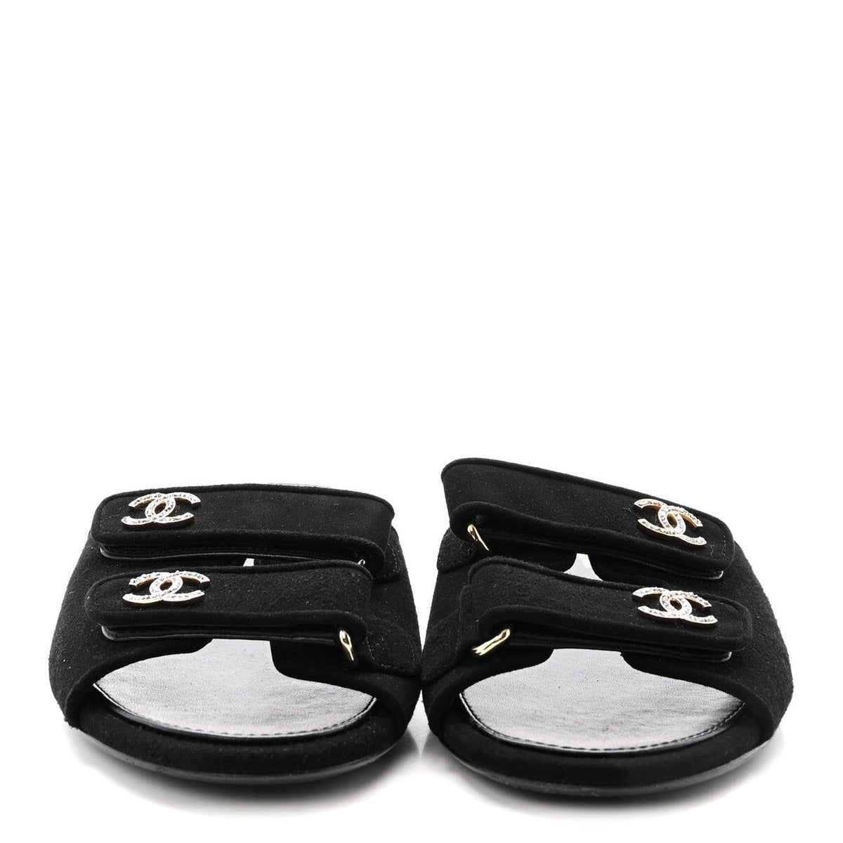 Chanel suede kidskin velcro crystal CC mules