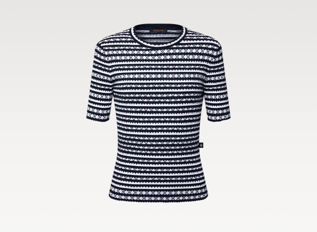 Louis Vuitton 1AHJ15,LV 1AHJ15,Louis Vuitton scallop stripe knit top,Louis Vuitton blue stripe knit top,Louis Vuitton stripe