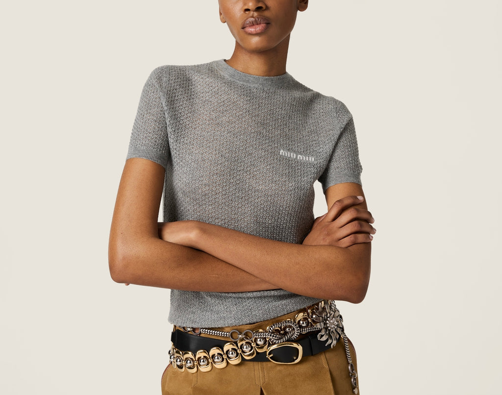 MIU MIU MMLB3017NNSOOO,Miu Miu cashmere sweater,Miu Miu cashmere sweater grey,MIU MIU grey sweater,MIU MIU grey sweater on sa