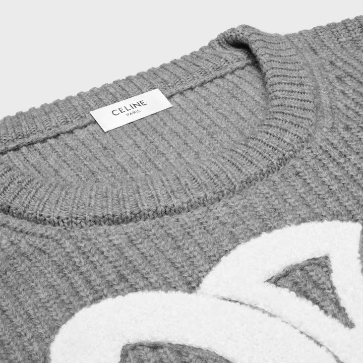 Celine RY0GS423P,Celine crew neck sweater in ribbed wool,Celine sweater,Celine grey sweater,Celine sweater women,Celine sweat