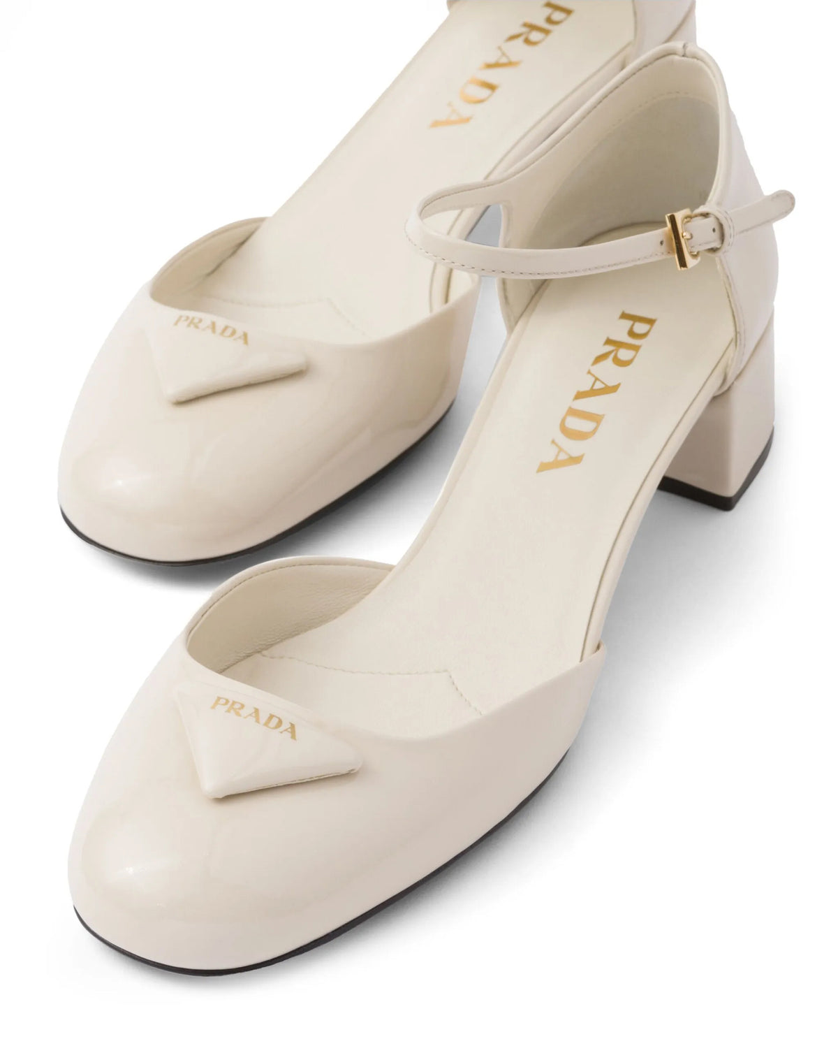 Prada 1E708L,,Prada 35mm triangle logo patent leather pumps,Prada chunky heel white,Prada chunky heel Mary Jane shoes,Prada w