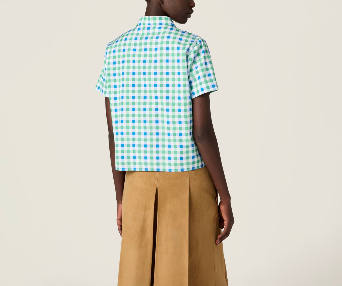 MIU MIU MK1959SOOO17L6, Miu Miu Gingham check poplin shirt,Miu Miu check shirt, Miu Miu green check short sleeve shirt,MIU MI