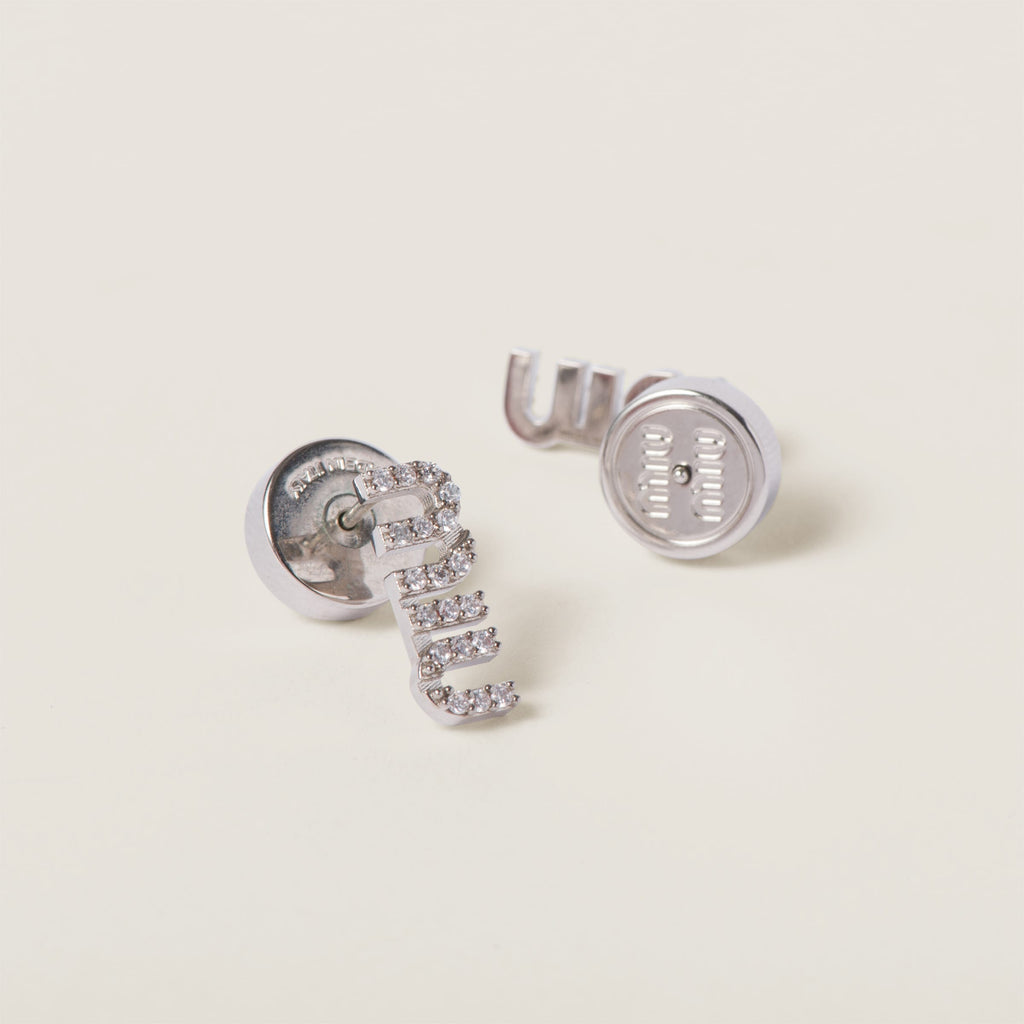 Miu Miu metal earrings with crystals,Miu Miu crystals earrings,Miu Miu silver crystals earrings,MIU MIU logo earrings,MIU MIU