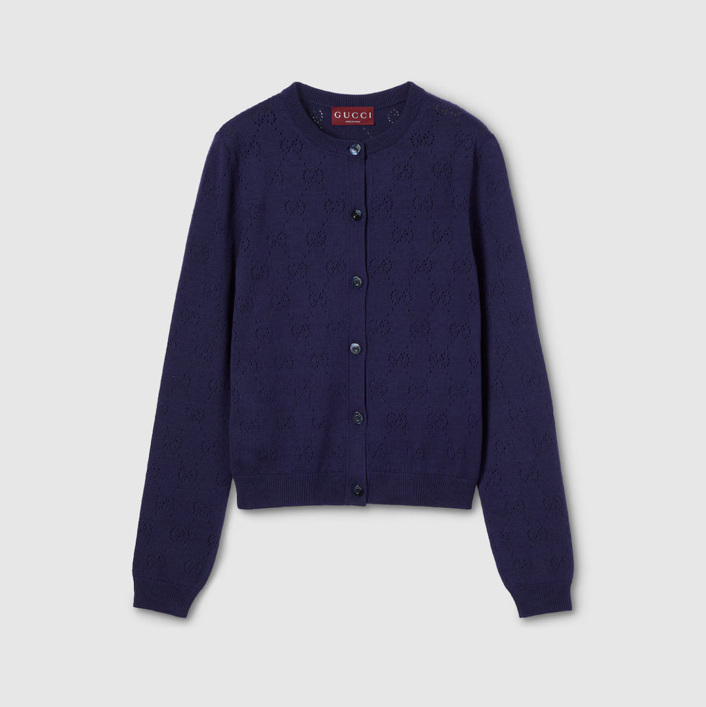Winniemodo,Winniemodony,Gucci 856202 XKFCO,Gucci GG pointelle cardigan,Gucci cardigan blue,Gucci cardigan women,Gucci cardiga