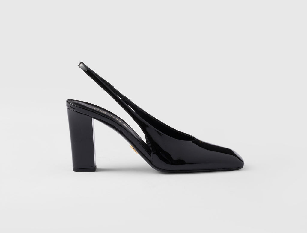 Prada 1I838N,Prada patent leather slingback pumps,Prada slingback pumps,Prada black pumps,Prada chunky heels,Prada black chun