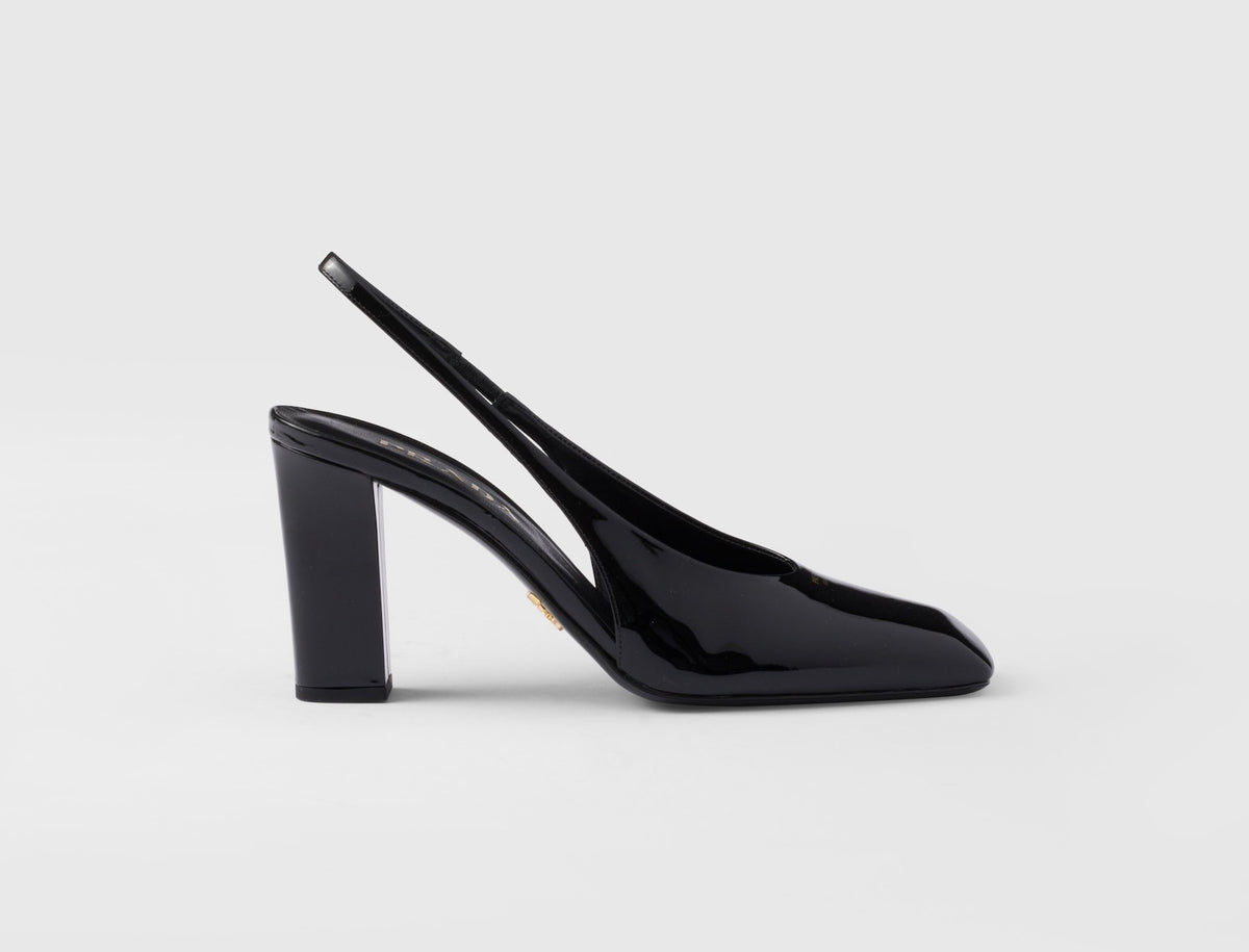 Prada 1I838N,Prada patent leather slingback pumps,Prada slingback pumps,Prada black pumps,Prada chunky heels,Prada black chun