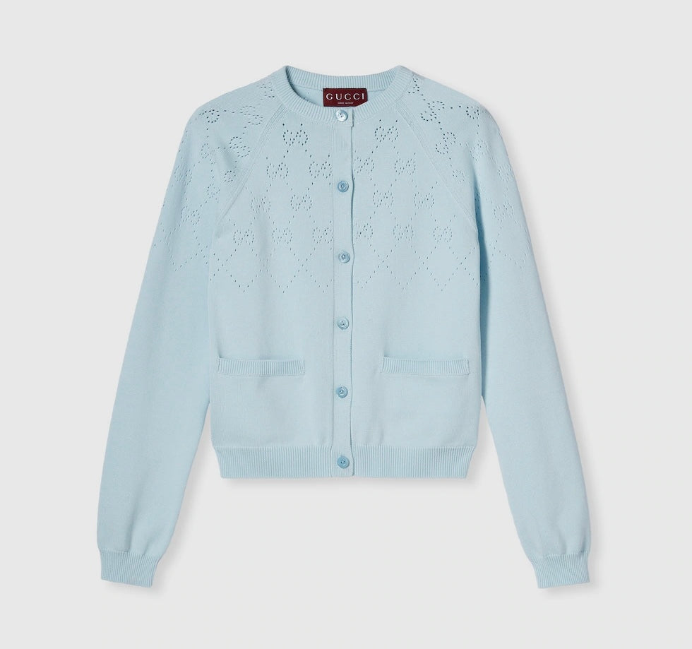 Gucci 836379 XKE02,Gucci GG cotton cardigan,Gucci GG logo blue cardigan,Gucci blue cardigan,Gucci blue GG monogram cardigan,G