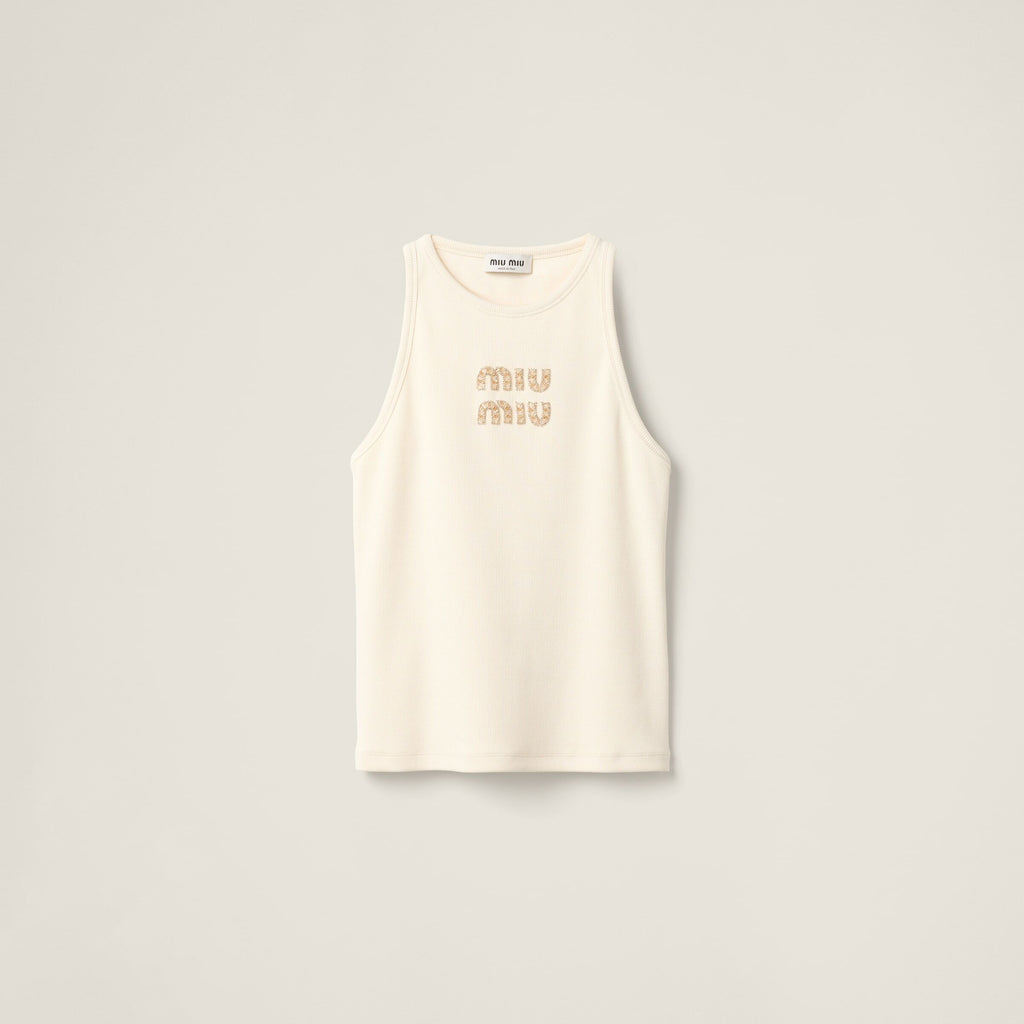 MIU MIU MJT678SOOO1584,Miu Miu embroidered logo top,Miu Miu embroidered logo vest,MIU MIU beige sleeveless,MIU MIU Rhinestone