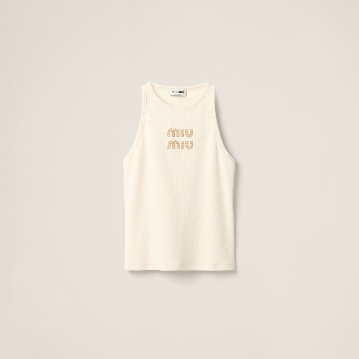 MIU MIU MJT678SOOO1584,Miu Miu embroidered logo top,Miu Miu embroidered logo vest,MIU MIU beige sleeveless,MIU MIU Rhinestone