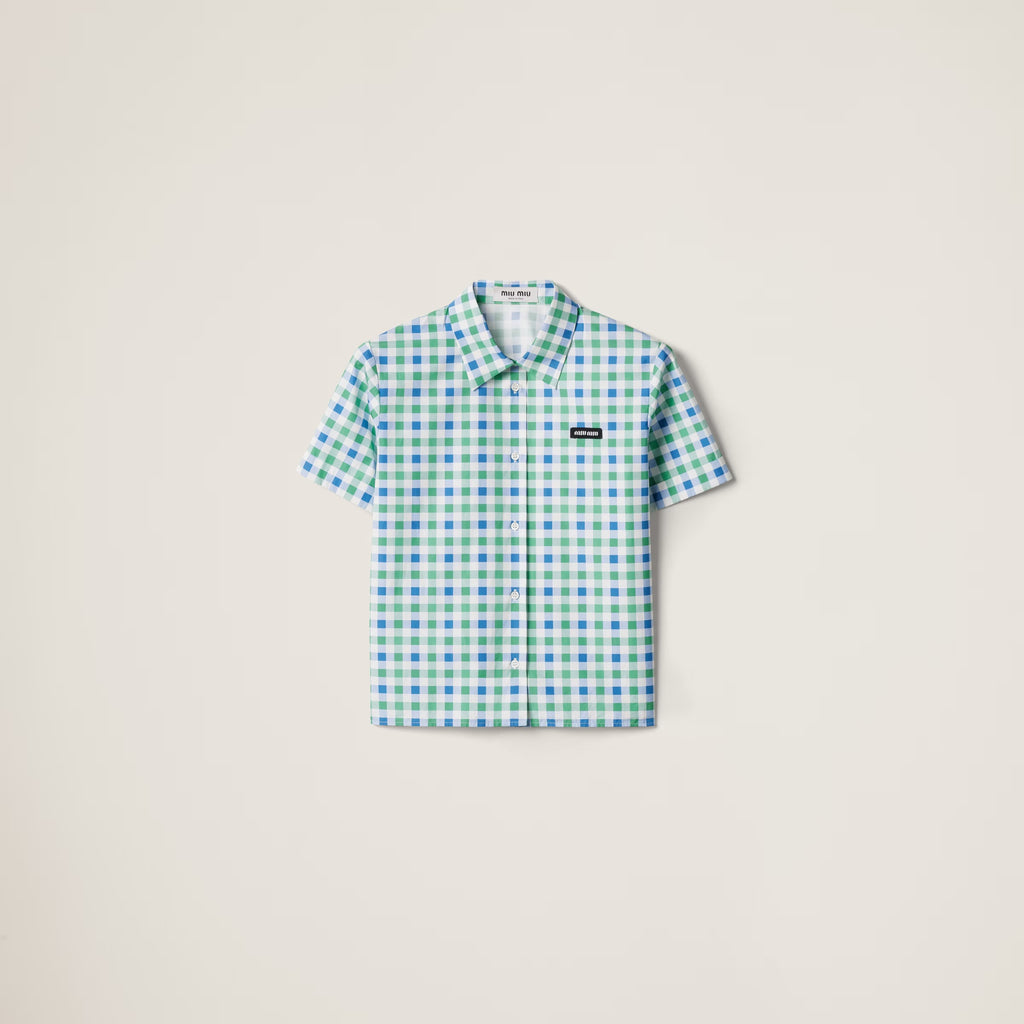 MIU MIU MK1959SOOO17L6, Miu Miu Gingham check poplin shirt,Miu Miu check shirt, Miu Miu green check short sleeve shirt,MIU MI
