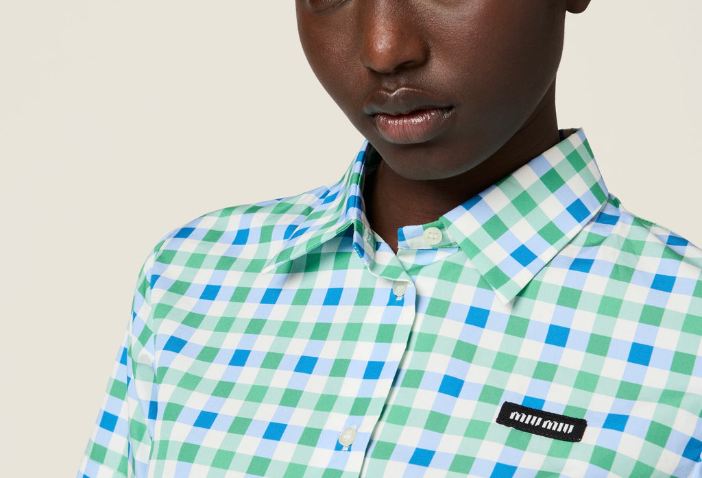 MIU MIU MK1959SOOO17L6, Miu Miu Gingham check poplin shirt,Miu Miu check shirt, Miu Miu green check short sleeve shirt,MIU MI