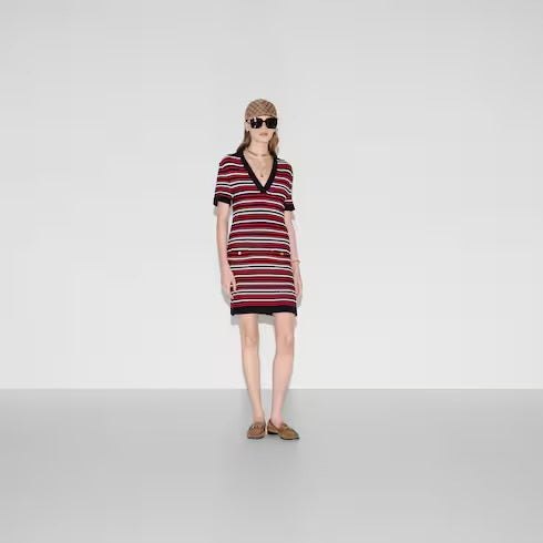 Gucci 818612 XKENN,Gucci v-neck dress,Gucci v-neck striped dress,Gucci v-neck red dress,Gucci red striped dress,Gucci striped
