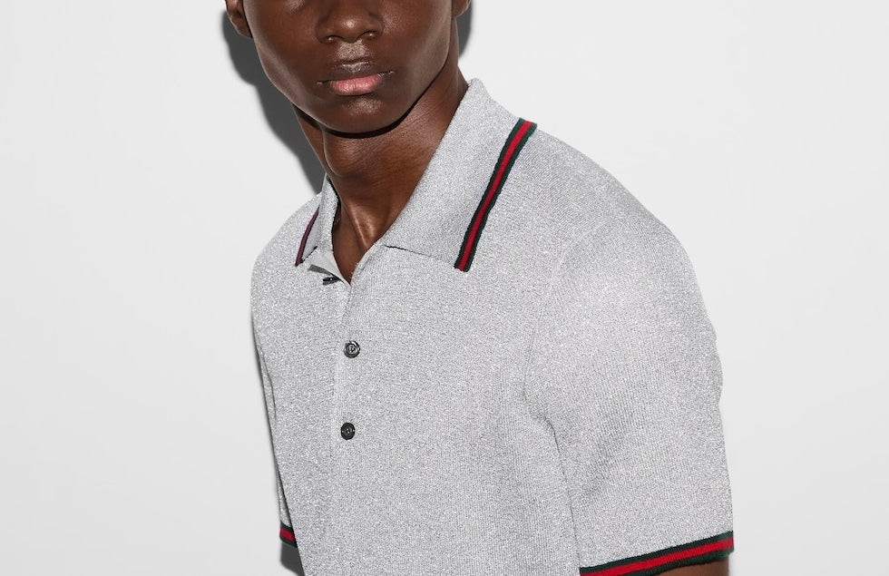 Gucci 805174XKEJE,Gucci lurex polo shirt,Gucci lurex silver polo shirt,Gucci silver polo shirt,Gucci silver men’s polo shirt,