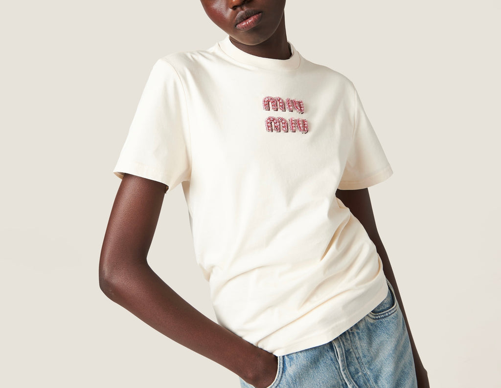 Miu miu MJN499_14AR,Miu Miu white T-shirt,Miu Miu white women T-shirt,Miu Miu white T-shirt rhinestone,Miu Miu logo T-shirt,M