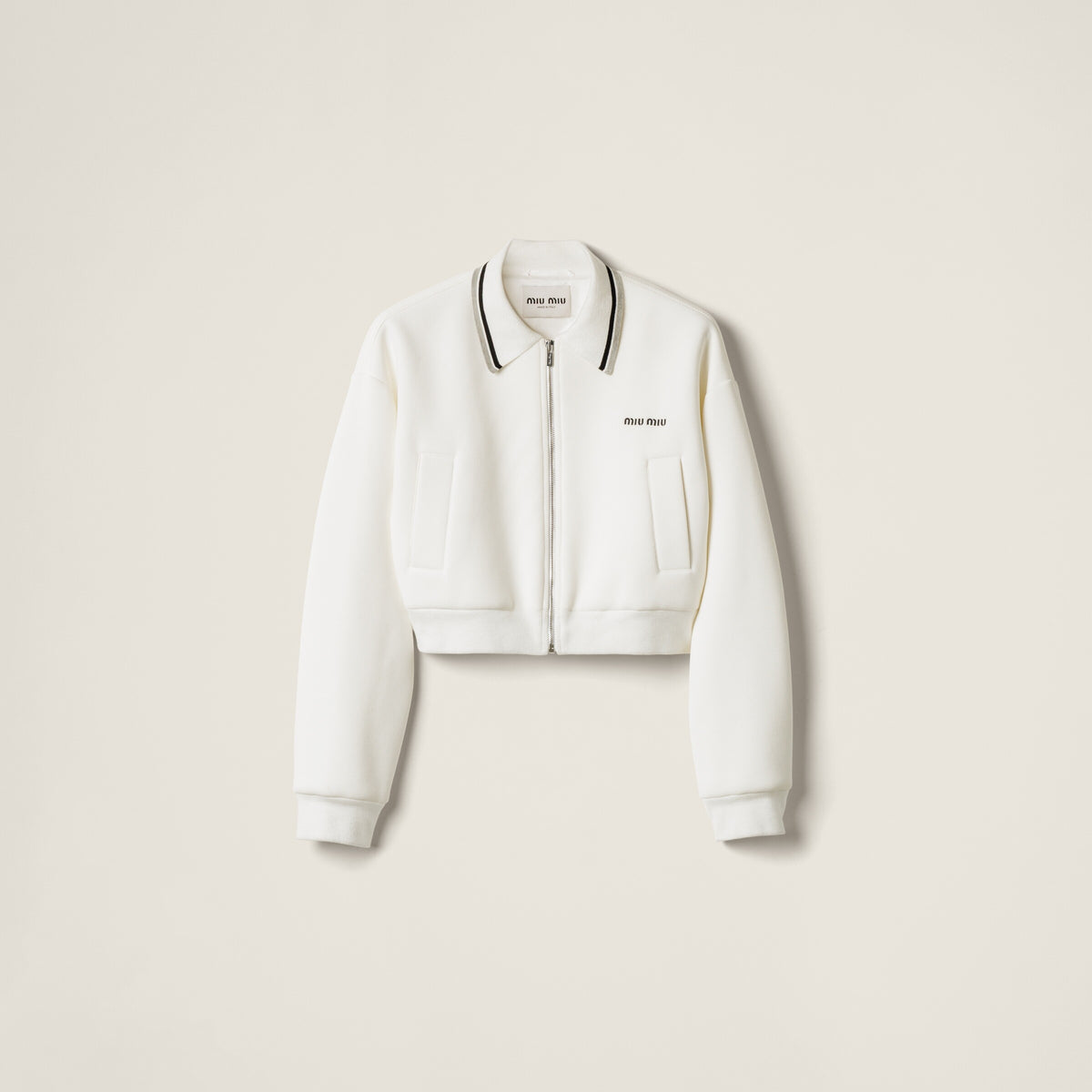 MIU MIU ML1270SOOO17LN,Miu Miu technical jersey blouson jacket,Miu Miu white jacket,MIU MIU white zip up jacket,MIU MIU white